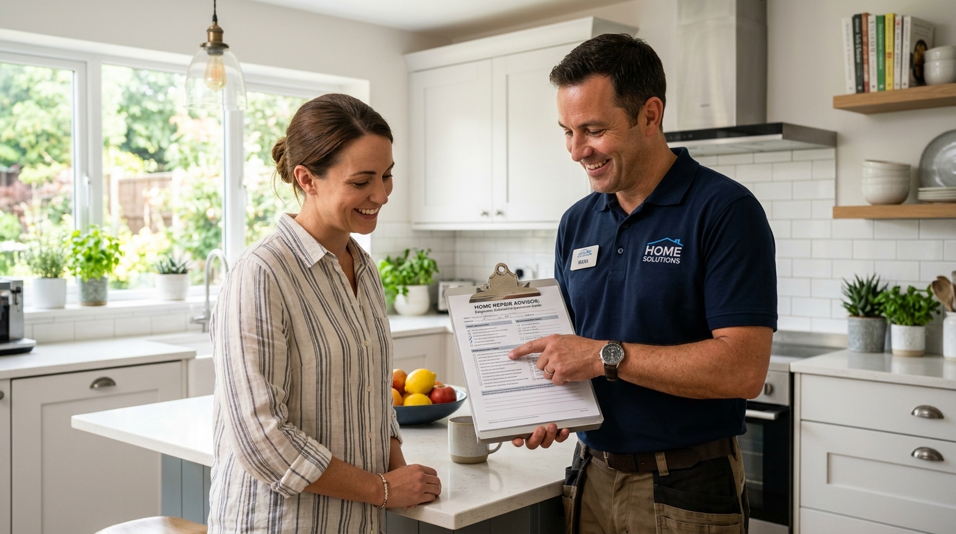 Customer reviewing repair guidance with a local service professional